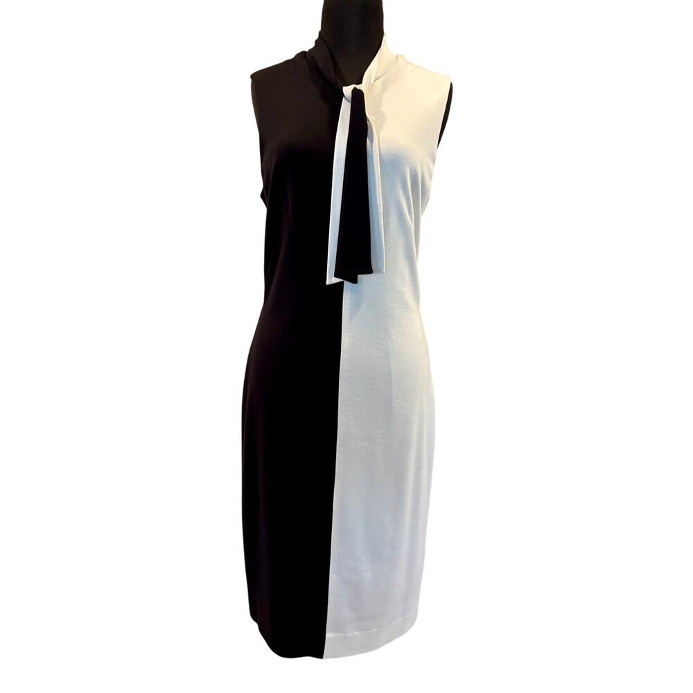 Cache Black White Color Block Midi Dress Bi Stretch Attached Scarf Tie Sz 12
